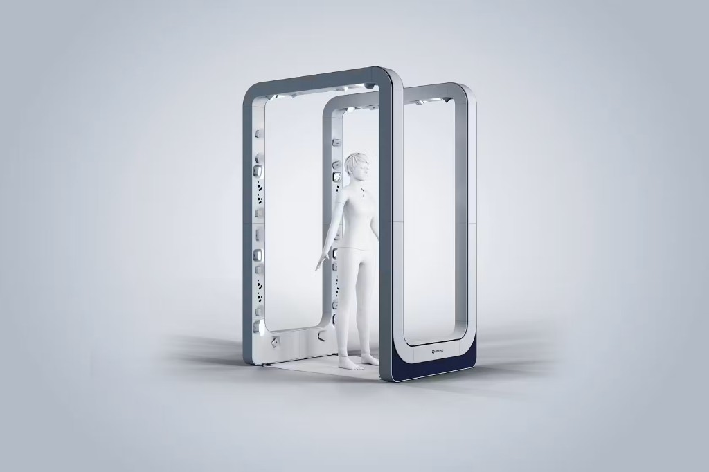 Concept render of a person standing in a dual-frame in-store body scanning installation